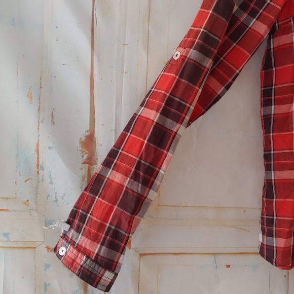 Ambiance apparel plaid short/long sleeve button collared shirt/top/S/orange brwn - Picture 3 of 7